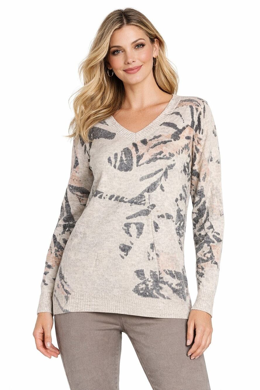 Nic+Zoe Women’s Petite PP Foothill V-Neck Cotton Sweater Abstract Print NWOT